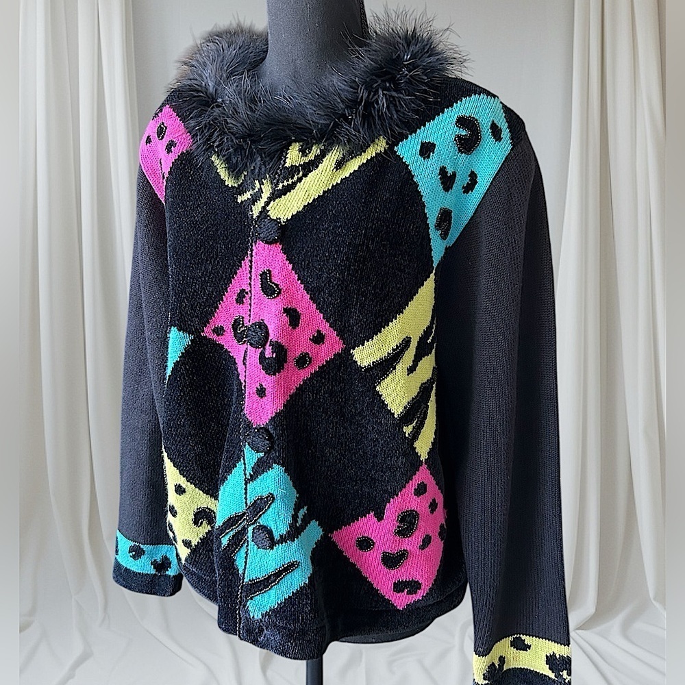 Vintage 80s Jack B Quick Harlequin Hot Pink Turquoise Faux Fur Collar L Cardigan